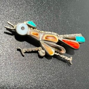 Vintage Native American Zuni Roadrunner Brooch Turquoise Coral Onyx Shell Inlay